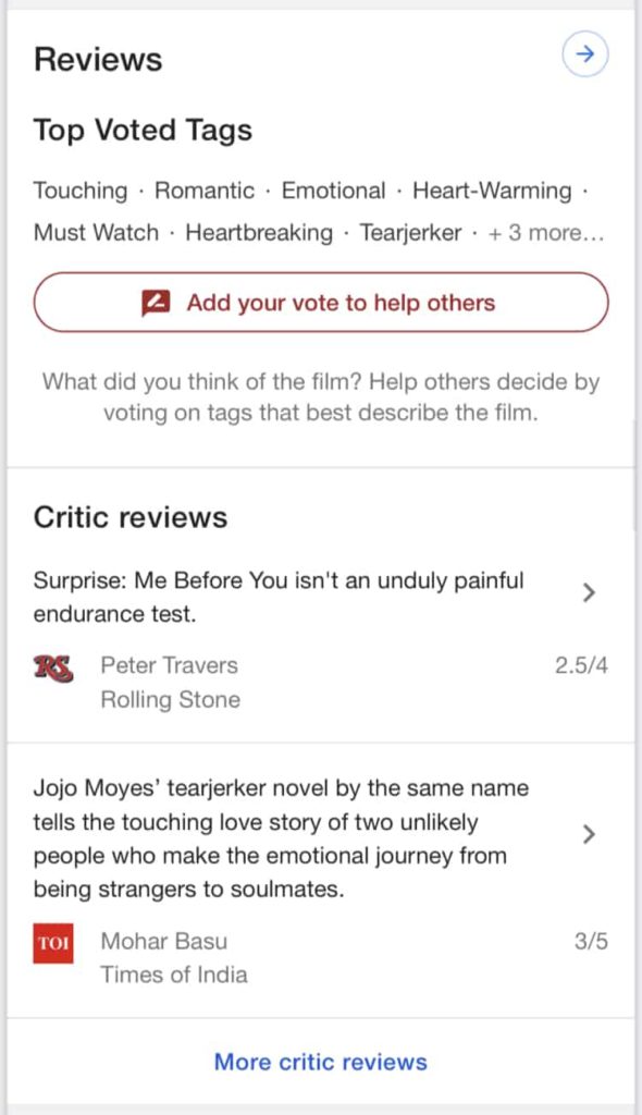 an example of critic review snippet of Google SERP