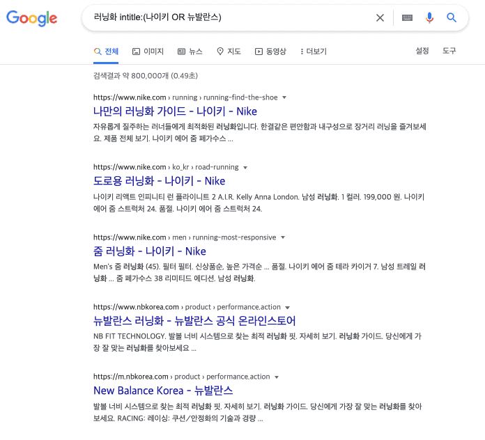 나이키와 뉴발란스가 타이틀 태그에 포함된 러닝화 검색결과 예시