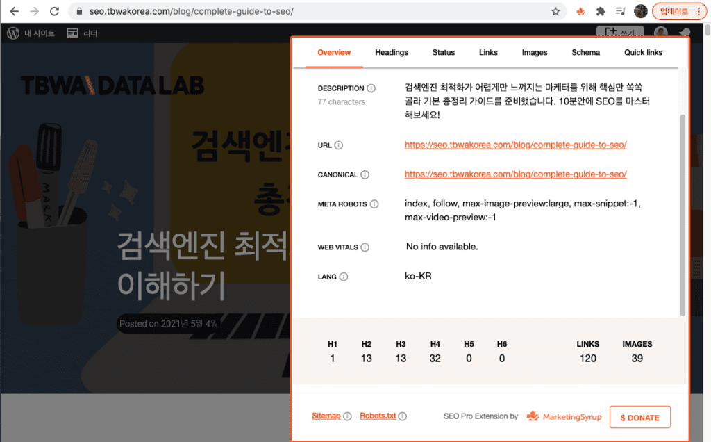 SEO pro extension 크롬 확장 프로그램 예시