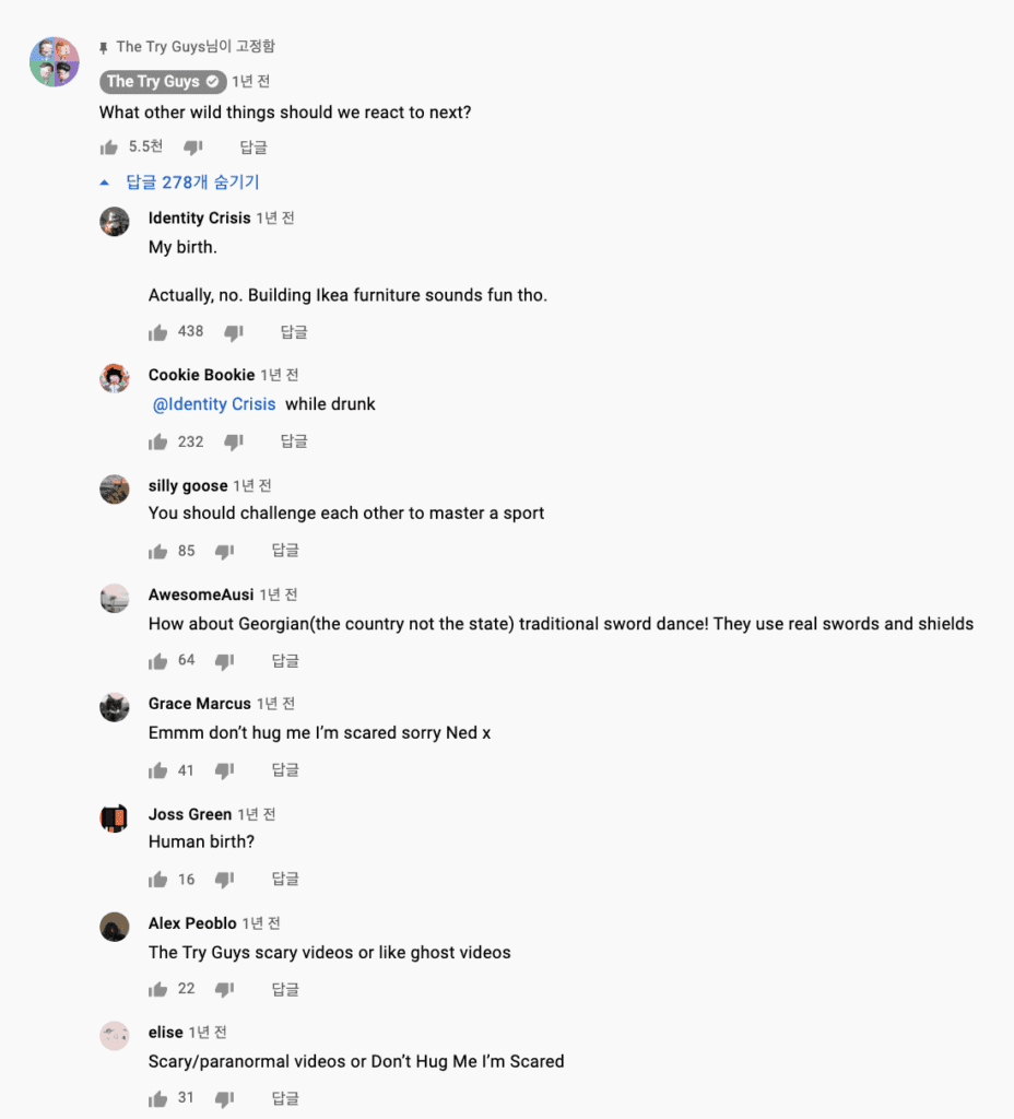 YouTube 댓글을 통해 시청자 의견 듣기 예시