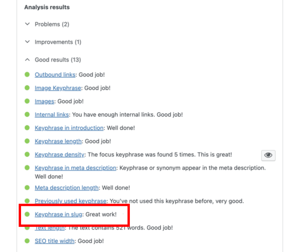 워드프레스 Yosat SEO 플러그인에서 슬러그 평가 확인