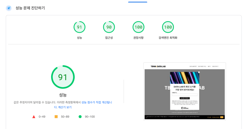 Page Speed Insight 예시화면
